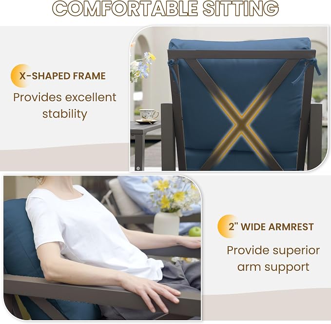 UDPATIO Rocking Chair Outdoor Oversized Metal Bistro Set 6.5" Cushion Navy | 3 - Image 7
