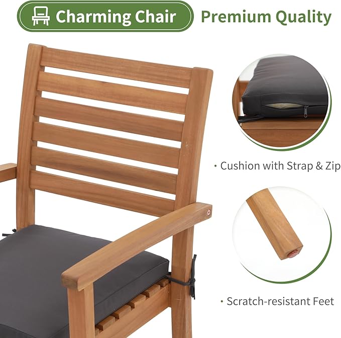 Stackable Patio Dining Chairs Set of 4, Dark Grey | Outdoor Acacia Wood Chairs - Image 5