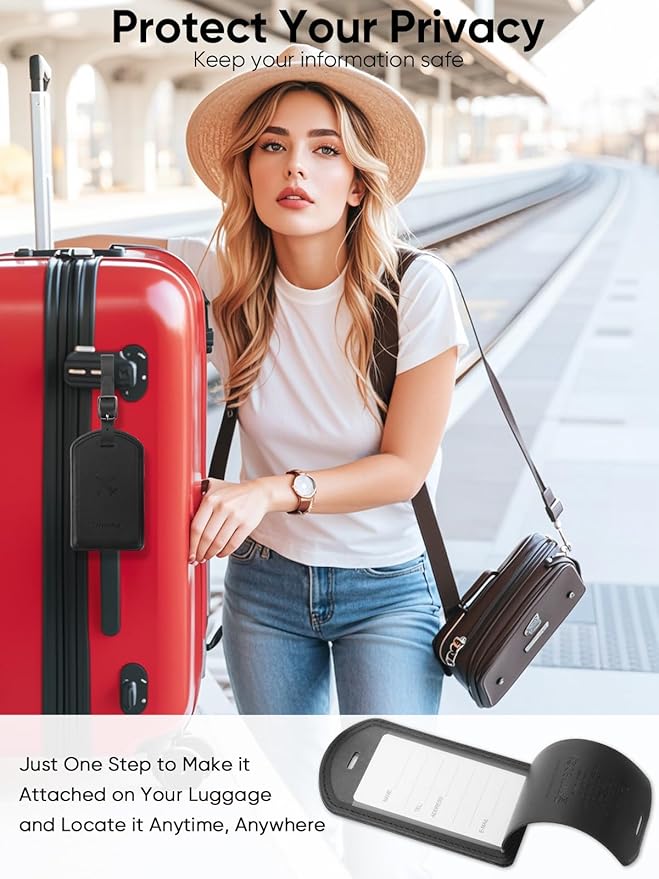 Luggage Tags Built-in Anti-Loss Tracker, Luxury Leather Luggage Tags for Suitcase, Travel Bags, Backpacks, Travel Organizer for Lost Baggage Prevention (Black*4 Pack)