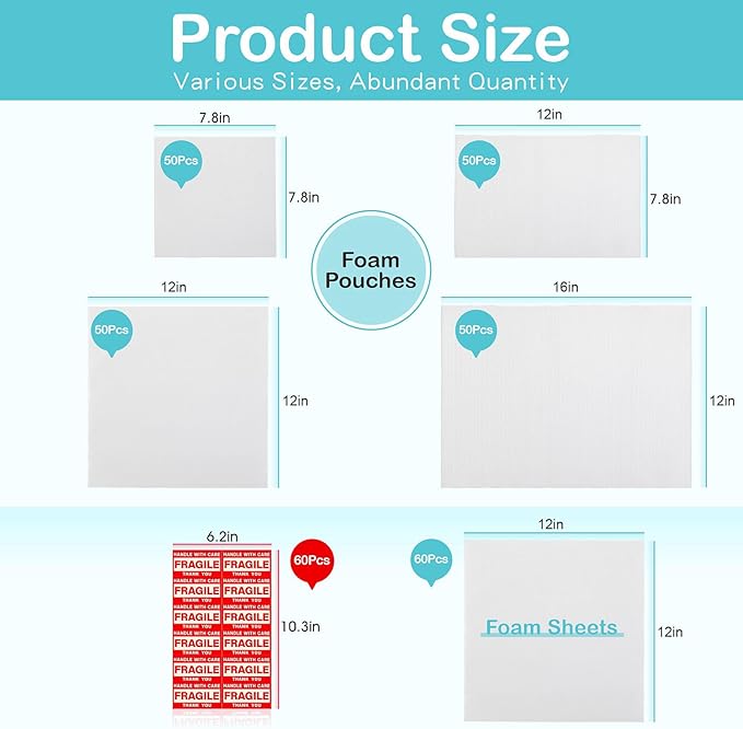 320 pcs Moving Packaging Supplies, 260 Cushioning Foam Pouches and Sheets, 4 Sizes (16x12", 12x12", 12x7.8", 7.8x7.8") with 60 Fragile Stickers, Cushion Foam Pouch for Moving, Packaging, Storage.