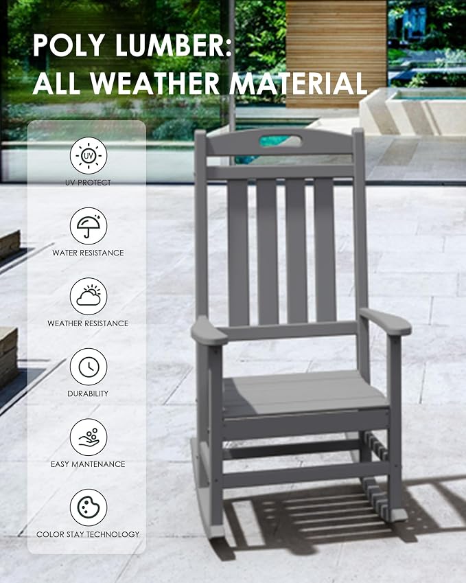 Outdoor Rocking Chair Set of 6, All-Weather Resistant Poly Lumber Rocker Chair - Image 4