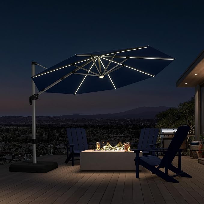 PURPLE LEAF Cantilever Patio Umbrella 11ft Round Solar LED Light, Support to by PURPLELEAF