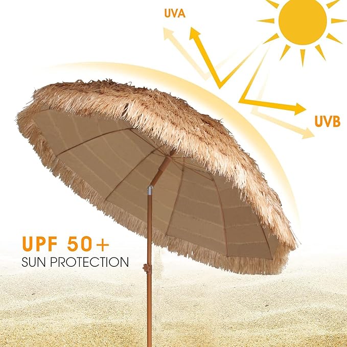 AMMSUN 7.5ft Hula Thatched Tiki Patio Beach Umbrella Hawaiian Style 10 Ribs UPF - Image 2