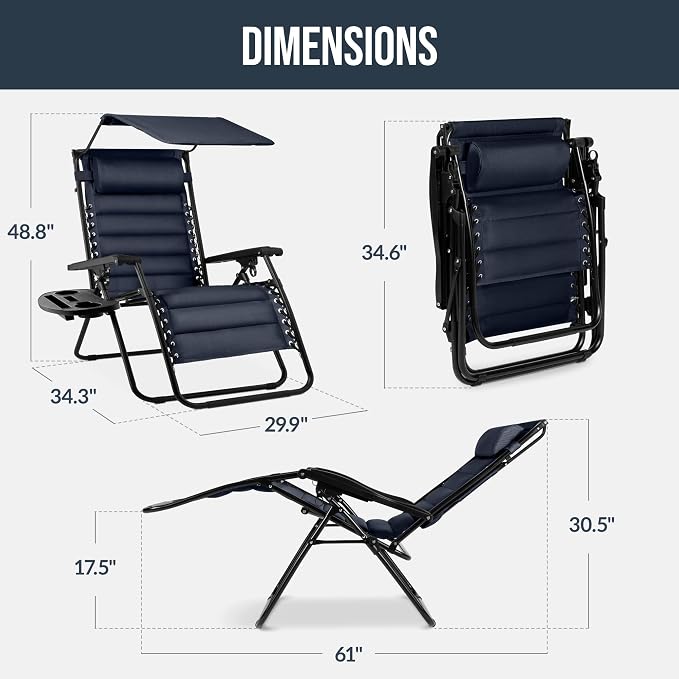 Best Choice Products Oversized Padded Zero Gravity Chair w/Canopy Headrest Cup - Image 2