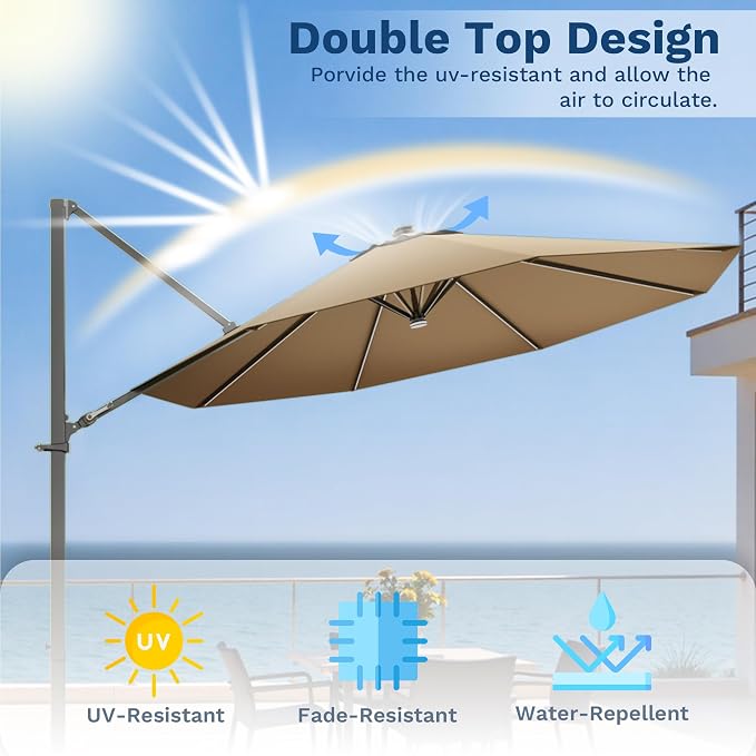 Devoko 10ft Solar LED Patio Umbrella, Round Cantilever Outdoor Umbrella - Image 8