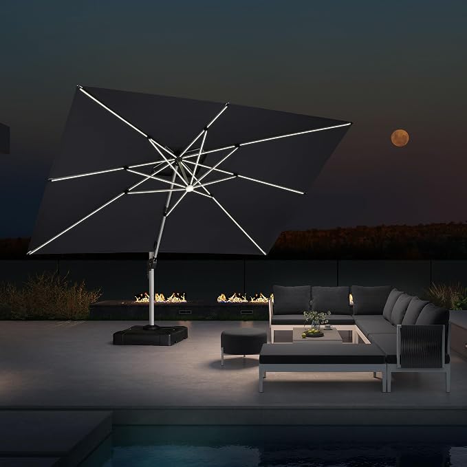 PURPLE LEAF Cantilever Umbrella 10' X 13' Double Top Solar LED Light, Stays - Image 2