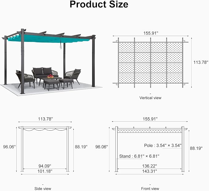 PURPLE LEAF Outdoor Pergola Retractable Aluminum 10' X 13', Turquoise Blue | - Image 7