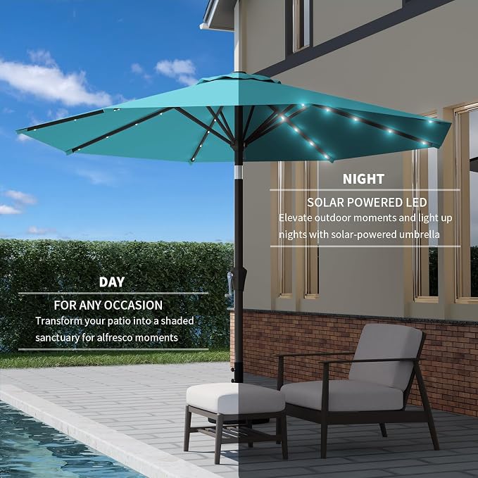 9FT Patio Umbrella with Solar Lights, Outdoor Market Umbrella with Tilt and - Image 3