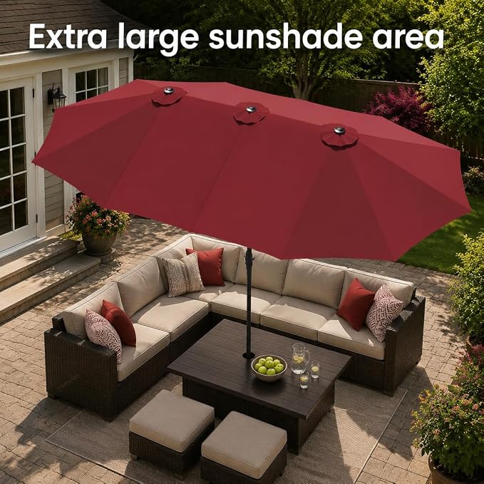 15ft Red Patio Umbrella with Base Included, Rectangle Double Extra Large Table - Image 3
