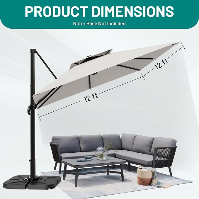 12×12 FT Double-Top Cantilever Patio Umbrella, Light Gray | Square Offset - Image 7