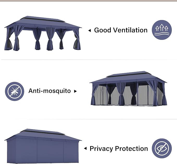10'x20' Outdoor Gazebo, Metal Frame Heavy Duty Patio Canopy Tent Shelter - Image 5