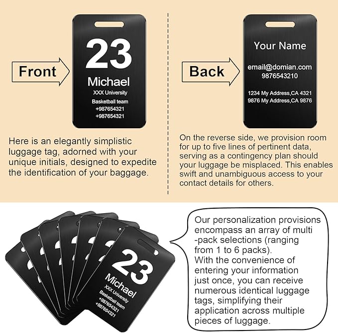 Customized Stainless Steel Luggage Tags: Personalize Your Suitcases, Backpacks, and Bags with Your Text - Custom Initial Text Name ID,Number 2"x3.3"(4 Pack)