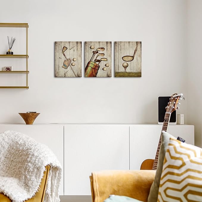 SkenoArt 3 Piece Sport Wall Art Vintage Golf Balls Painting Picture Prints Brown Poster Canvas Artwork Home Gym Office Man Bedroom Decoration Ready to Hang Gifts for Golf Lovers