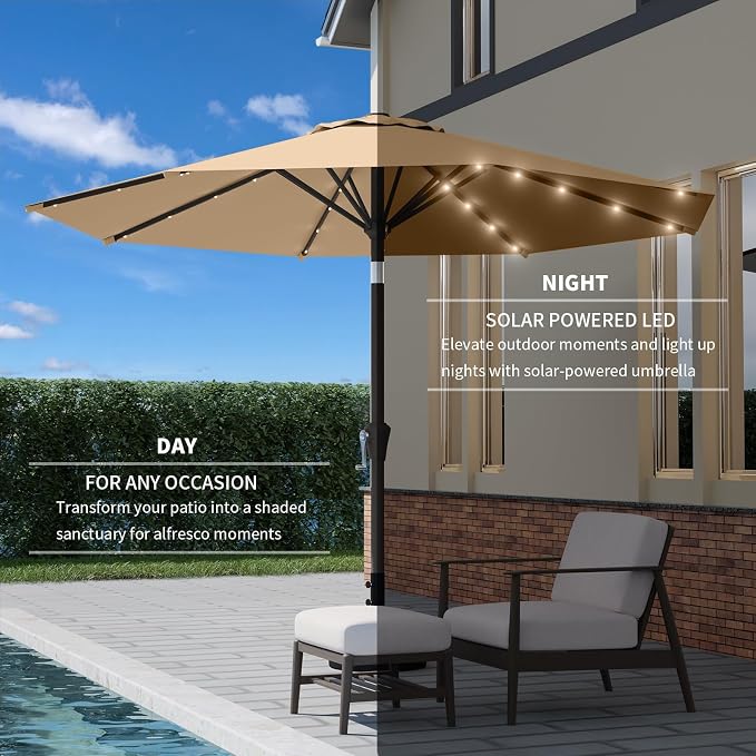 9FT Patio Umbrella with Solar Lights, Outdoor Market Umbrella with Tilt and - Image 2