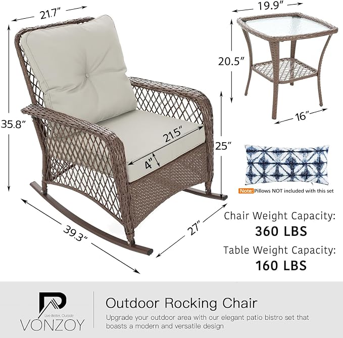 Patio Furniture Set 3 Pieces, Wicker Outdoor Rocking Bistro Set, Pale White | - Image 6