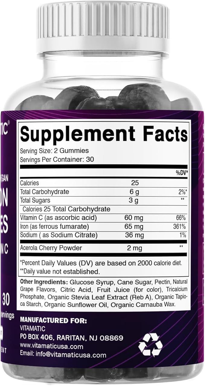 Vitamatic Iron 65 mg Gummies Supplement for Women & Men - 60 Vegan Gummies - Great Tasting Iron Gummy Vitamins with Vitamin C (6)