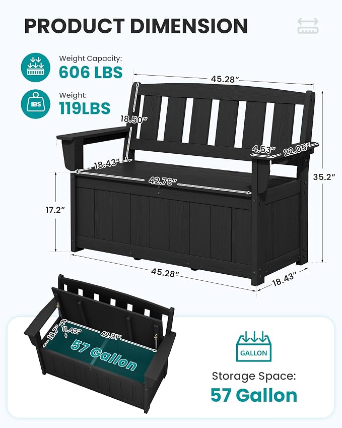 SERWALL HDPE Outdoor Storage Bench, Deck Box - Image 3