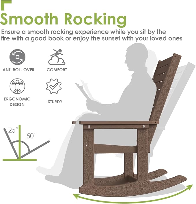 GREENVINES Outdoor Rocking Chairs Set of 2, HDPE Rocker, Dark Brown | Wood - Image 5