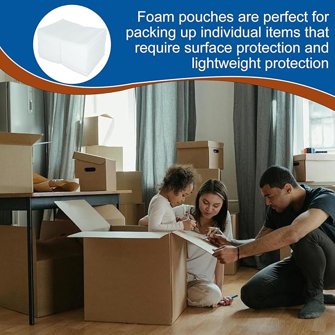 100 Pack Foam Pouches, Cushion Foam Wrap Pouches for Moving and Storing, 8"x10" Foam Wrap Pouches Protect Fragile Items, Protect Mug, Glasses, China, and Dishes, Packing supplies