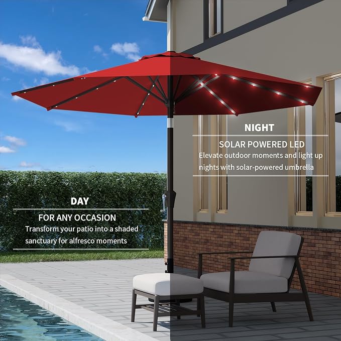 9FT Patio Umbrella with Solar Lights, Outdoor Market Umbrella with Tilt and - Image 3