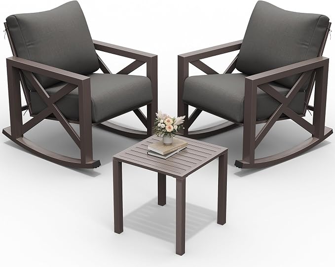 UDPATIO Rocking Chair Outdoor Oversized Metal Bistro Set 6.5" Cushion Grey | 3 by UDPATIO