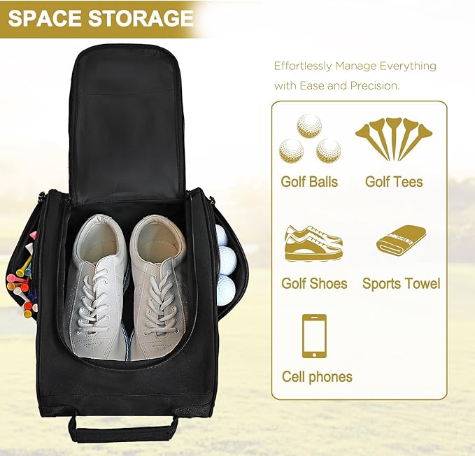 Goloni Golf Shoe Bag for Men & Women, Padded Travel Shoe Bag with Side Accessory Pockets,Sport Shoe Carrier for Golf Shoes,Socks,Tees & Balls,Durable & Lightweight Design(Black)