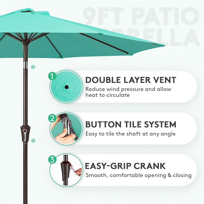 JEAREY 9FT Outdoor Patio Umbrella, Market Umbrella, Teal | Outdoor Table - Image 2