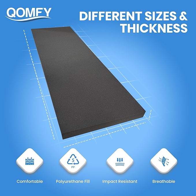 QOMFY 2" Height x 18" Width x 24" Length Charcoal Upholstery Foam Sheet | Made in USA | Multi-Purpose Foam for Upholstery, DIY, Packaging & Acoustic Projects