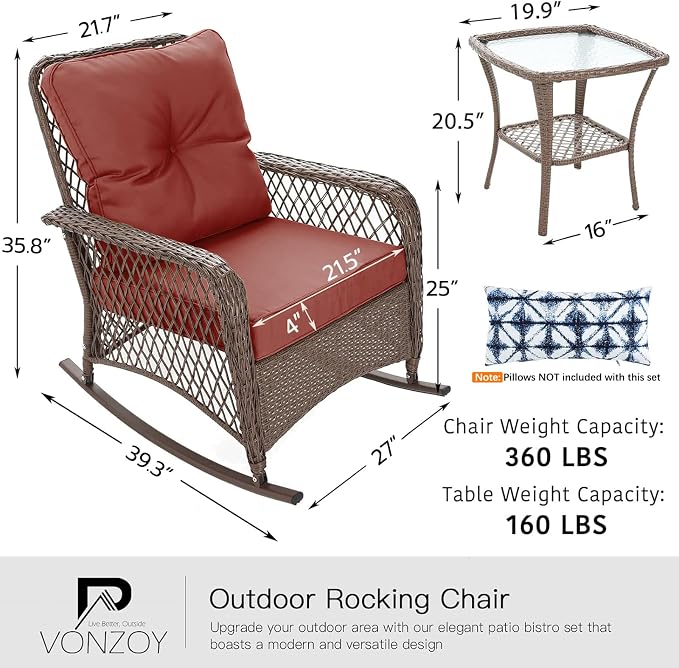Patio Furniture Set 3 Pieces, Wicker Outdoor Rocking Bistro Set, Backyard or - Image 6