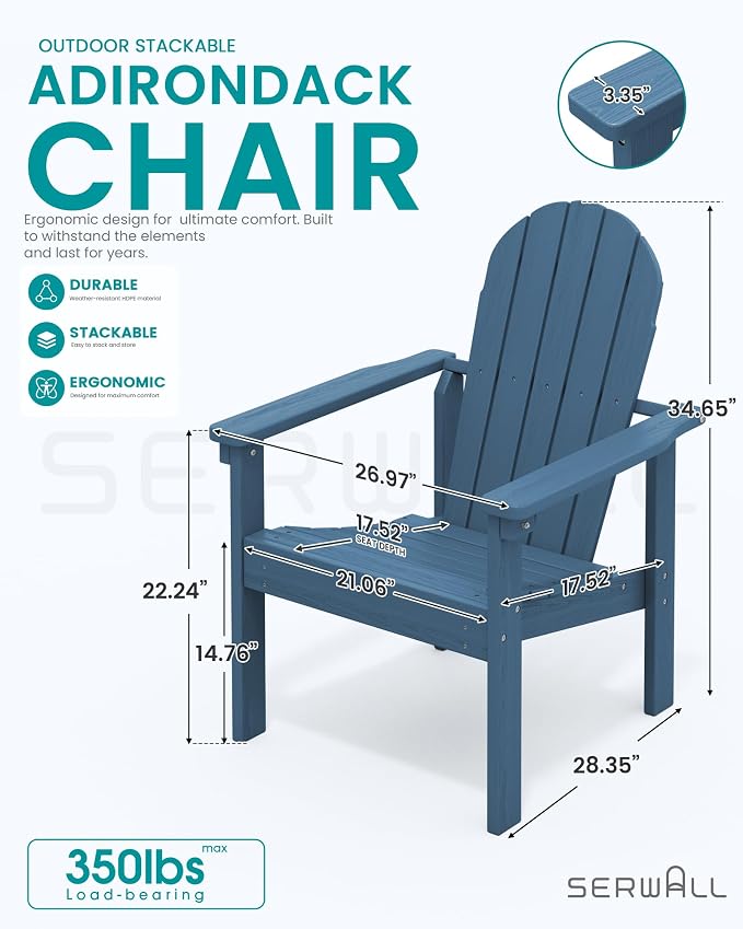 SERWALL HDPE Stackable Adirondack Chairs Set of 2, Space-Saving - Image 3
