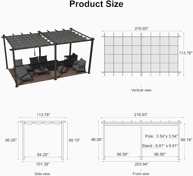 PURPLE LEAF Outdoor Pergola 10' X 18' Retractable Canopy Aluminum, Custom Shade - Image 7