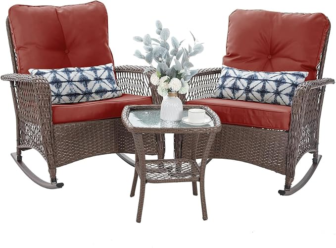 Patio Furniture Set 3 Pieces, Wicker Outdoor Rocking Bistro Set, Backyard or by VonzoyHome