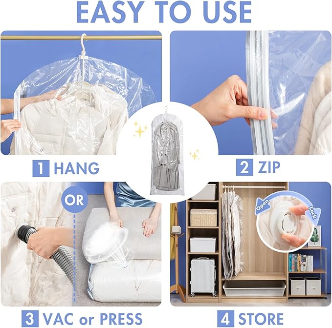 Hanging Vacuum Storage Bags, 6 Pack (53 x27.6 inch), Vacuum Seal Bags for Clothing, Garment Storage for Coat, Jacket, Suits, Dresses, Closet Oragnization and Storage