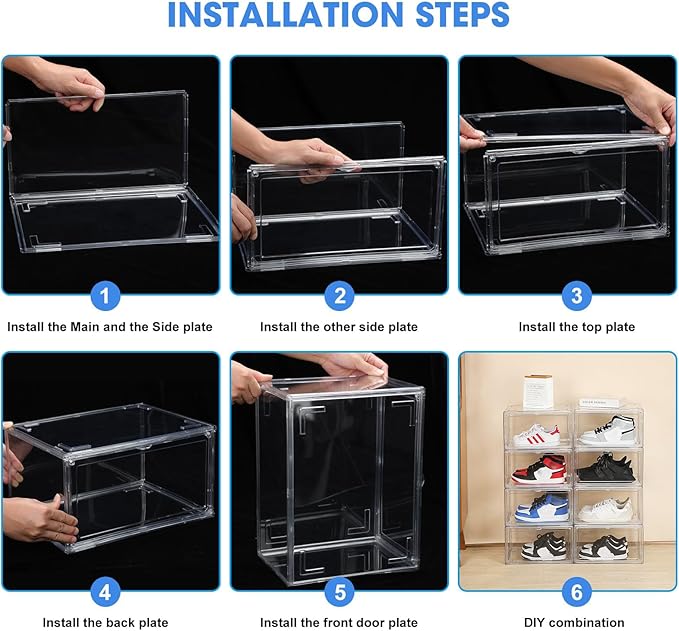 HIYOHIYO 8 Pack 360° Acrylic Clear Shoe Organizer for High-end Sports Shoes, All Clear Display Shoe Storage Box, Fully Transparent Display Case with Magnetic Door, Fit Size 14 (14.2"x10.6"x7.8")