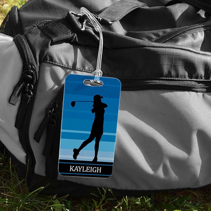 ChalkTalkSPORTS Golf Luggage & Bag Tag | Personalized Female Golfer | Standard Lines on Back | Large | Blue