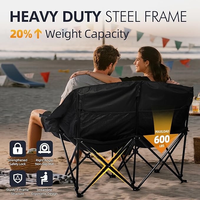 Double Camping Chair Loveseat -2 Person Oversized Padded Outdoor Camp Couch | - Image 5
