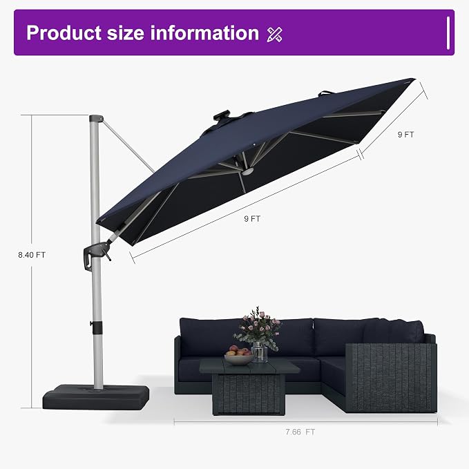 PURPLE LEAF Cantilever Patio Umbrella 9' X 9' Solar LED Light, Support to - Image 8