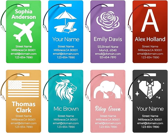 4 Pack Personalized Luggage Tags, Custom Engraved Aluminum Luggage Tags with Your Personalized Text, Waterproof Metal Name Tags with Steel Loop for Bags, Suitcase, Baggage, Backpack (Red, Large)
