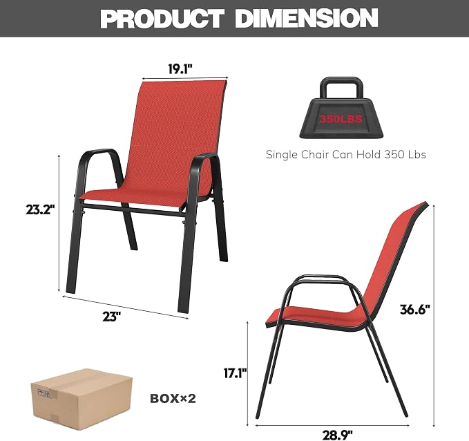 Red Patio Chairs Set of 4, Stackable Outdoor Dining Chairs - Image 2
