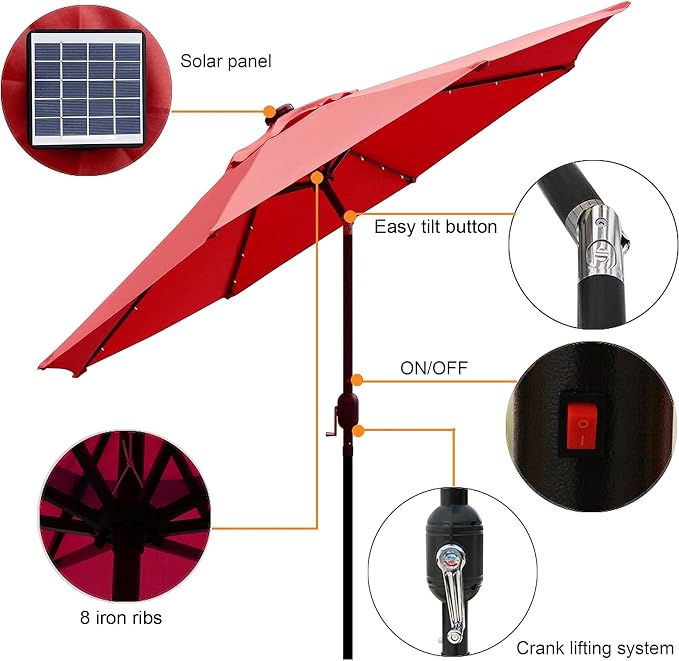 9 ft Solar Umbrella, 32 LED Lighted Patio Umbrella, Table Market Umbrella - Image 2