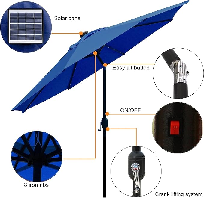 9 ft Solar Umbrella 32 LED Lighted Patio Umbrella Table Market Umbrella - Image 2