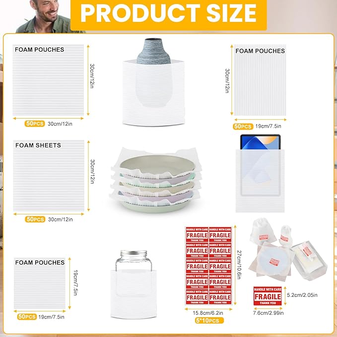 250 Packaging Supplies,200 Pack Foam Pouches and Sheets,3 Sizes(12"x12", 12"x7.5", 7.5"x7.5") with 50 Fragile Stickers,Cushion Foam for Moving,Packing,Transportation,Storage