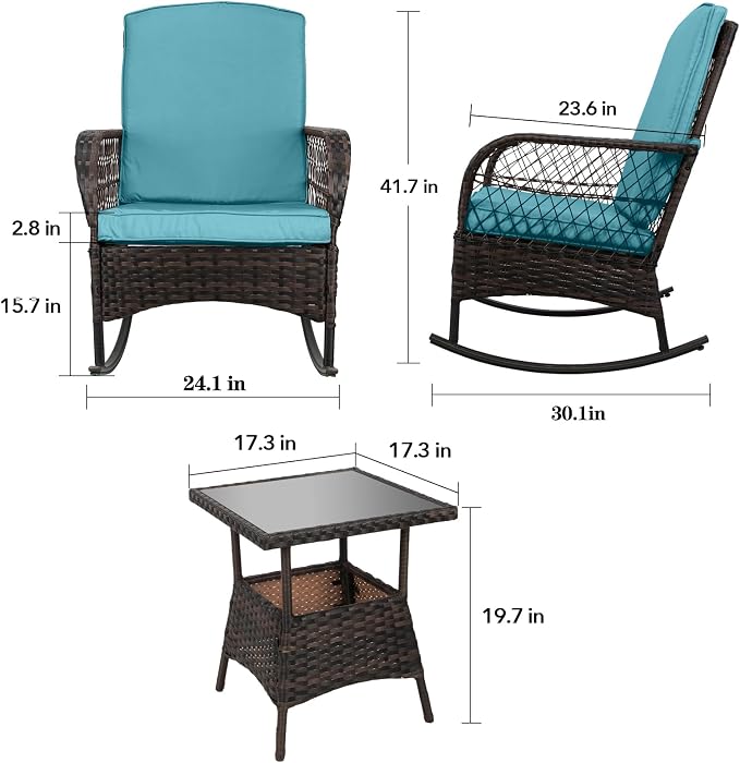 3 pcs Rocking Bistro Set Conversation Chairs PE Wicker Outdoor Rocking Chairs & - Image 3