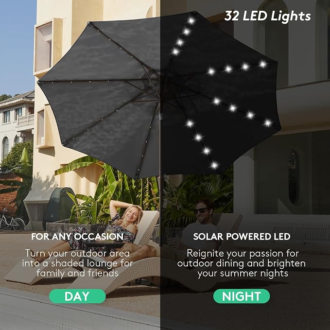 JEAREY 9' Patio Umbrella with Solar Lights, LED Umbrella, Dark Gray | Outdoor - Image 6