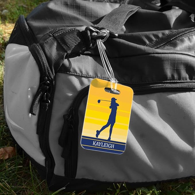 ChalkTalkSPORTS Golf Luggage & Bag Tag | Personalized Female Golfer | Standard Lines on Back | Medium | Yellow