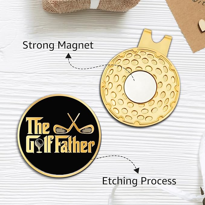 Hafhue The Golf Father Black Gold Golf Ball Marker with Magnetic Hat Clip, Funny Golf Accessories and Golf Gifts for Men Dad Grandpa, Birthday for Golf Fan Golfer Golf Lover