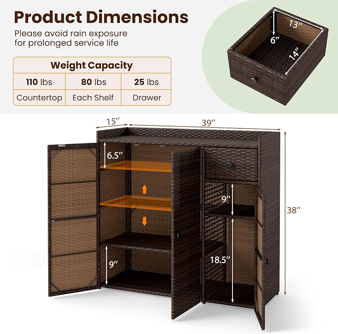 Tangkula Rattan Outdoor Storage Cabinet, Patiojoy Outdoor Cabinet - Image 6