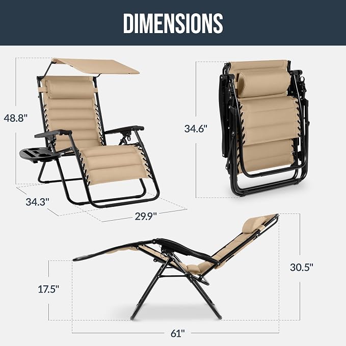 Best Choice Products Oversized Padded Zero Gravity Chair w/Canopy Headrest Cup - Image 2