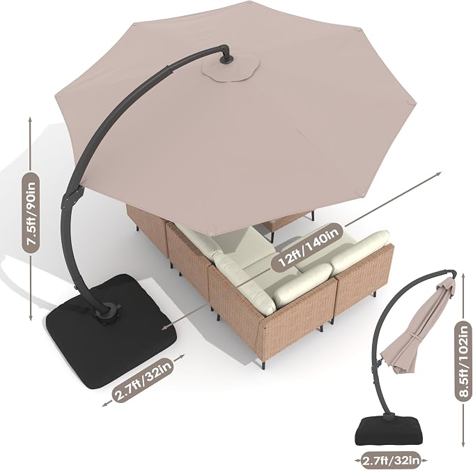 12FT Solar Powered LED Light Cantilever Patio Umbrella - Image 7