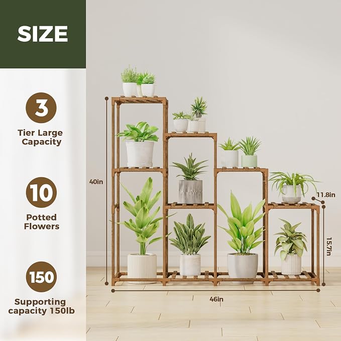 Bamworld Tall Plant Stand Indoor Wood Plant Shelf Outdoor Tiered Plant Rack | - Image 6